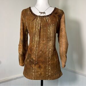 Sami & Jo - Brown Beaded Sequin Ruched 3/4 Sleeve Top
